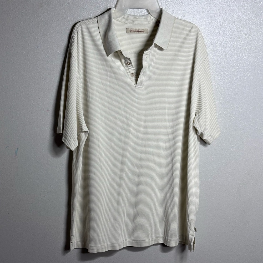 Tommy Bahama Men Beach Vacation Stripe Beige Tan Yellow Polo Shirt size XL
